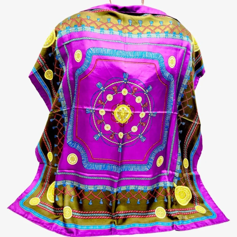 Vgt Celine Paris 100% Silk Scarf Satin 32" purple blue olive red twine tassel(44 - Picture 3 of 15